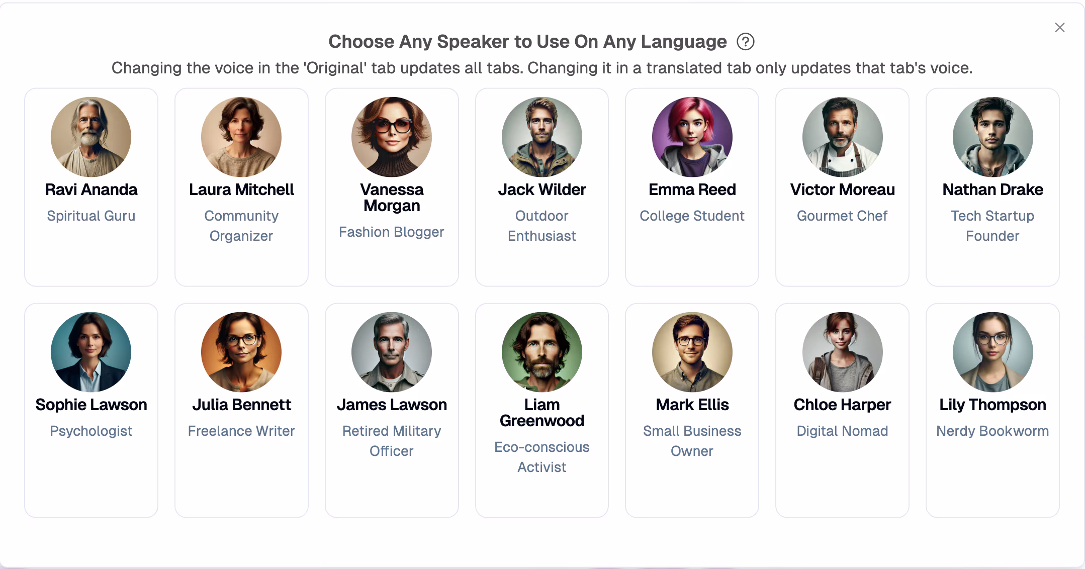 Интерфейс выбора голоса Speaktor с различными профилями диктора для многоязычного использования
