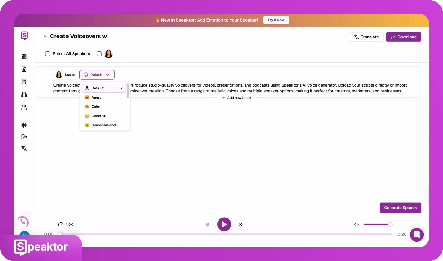 واجهة Speaktor لإنشاء تعليقات صوتية مع خيارات اختيار المشاعر.