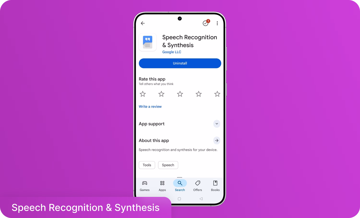 หน้าแอป Speech Recognition & Synthesis บนหน้าจอสมาร์ทโฟน