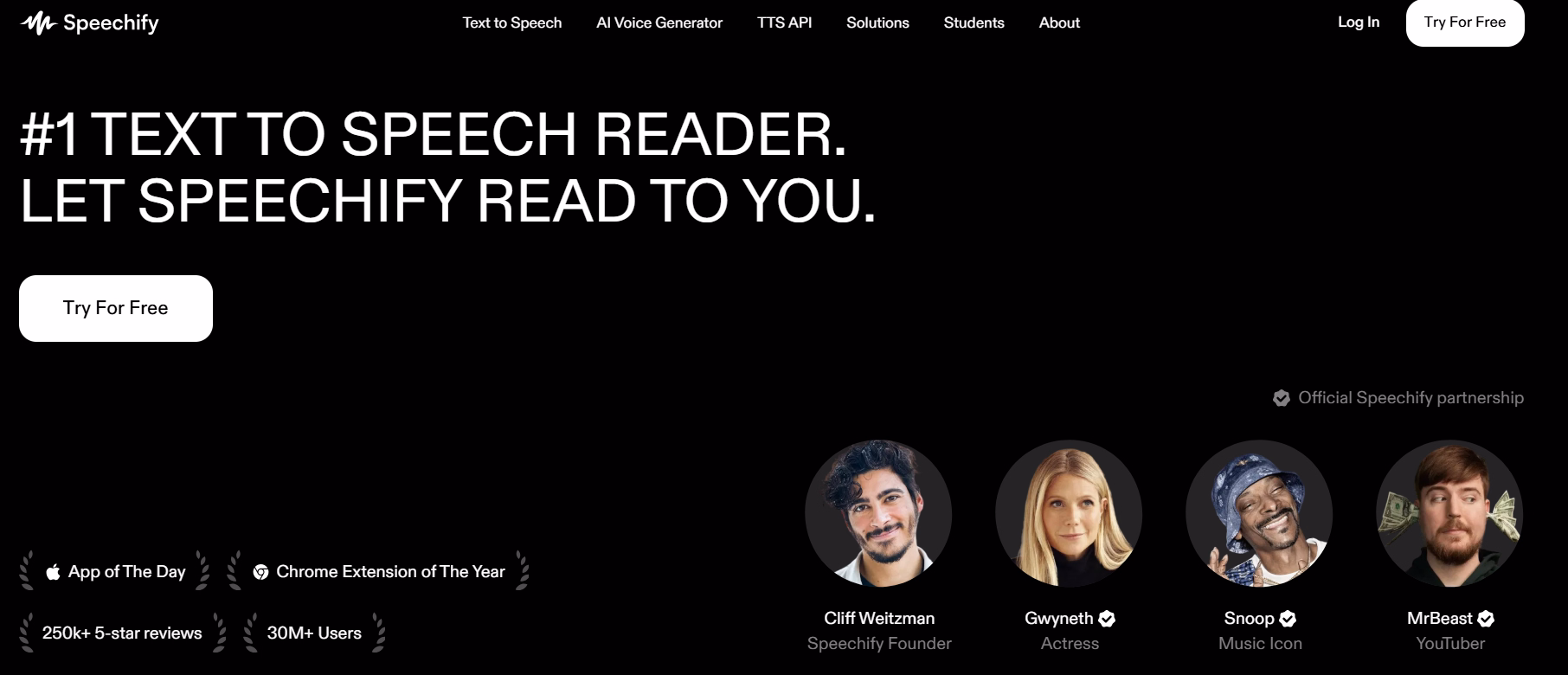 Speechify homepage displaying its text-to-speech features with celebrity endorsements