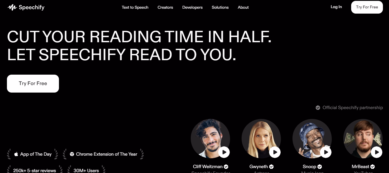 Banner promocional para una aplicación de texto a voz con el respaldo de personalidades notables.
