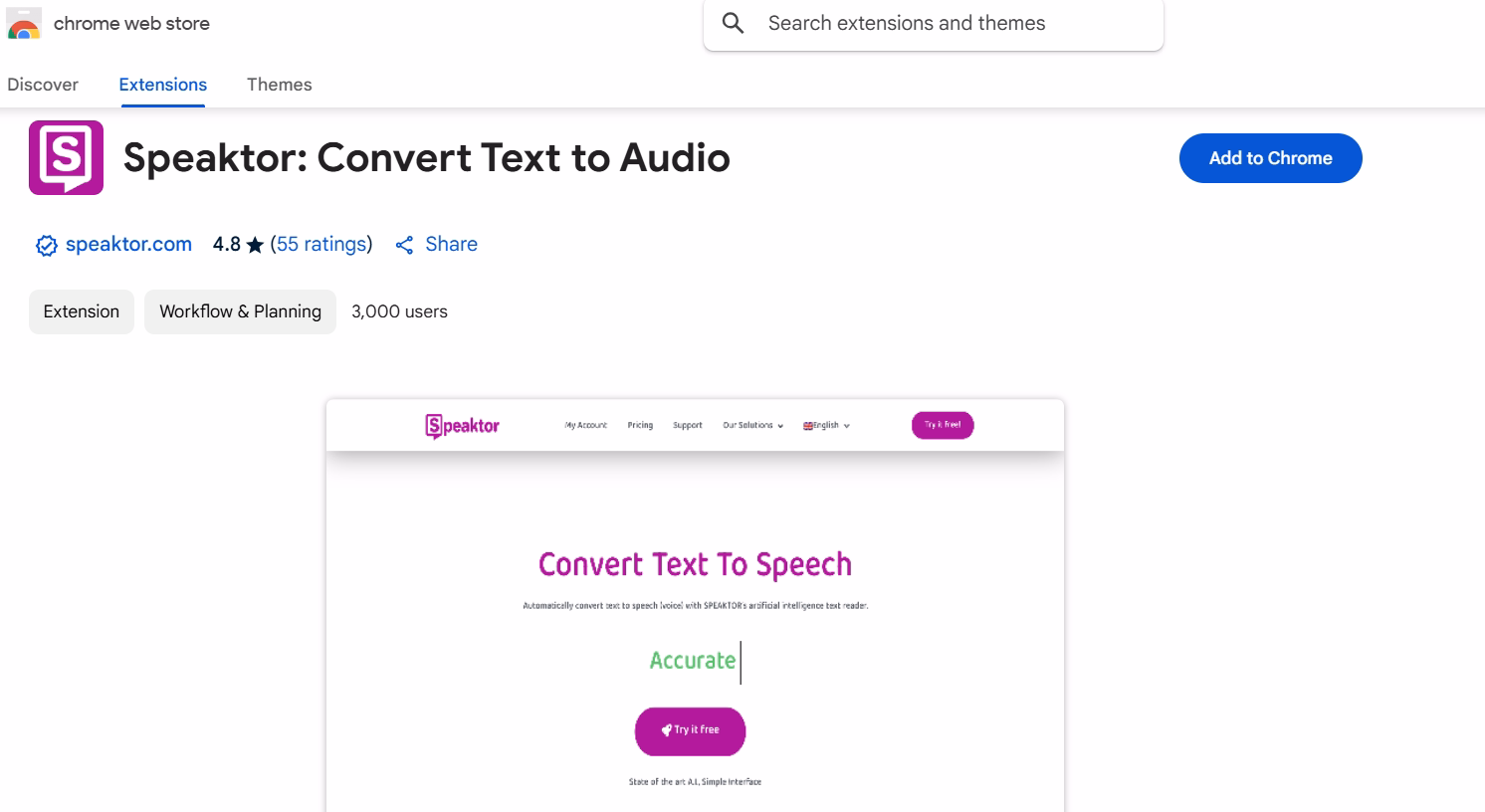 A Speaktor szövegfelolvasó bővítmény Chrome Web Store oldala, főbb funkcióival és értékelésével