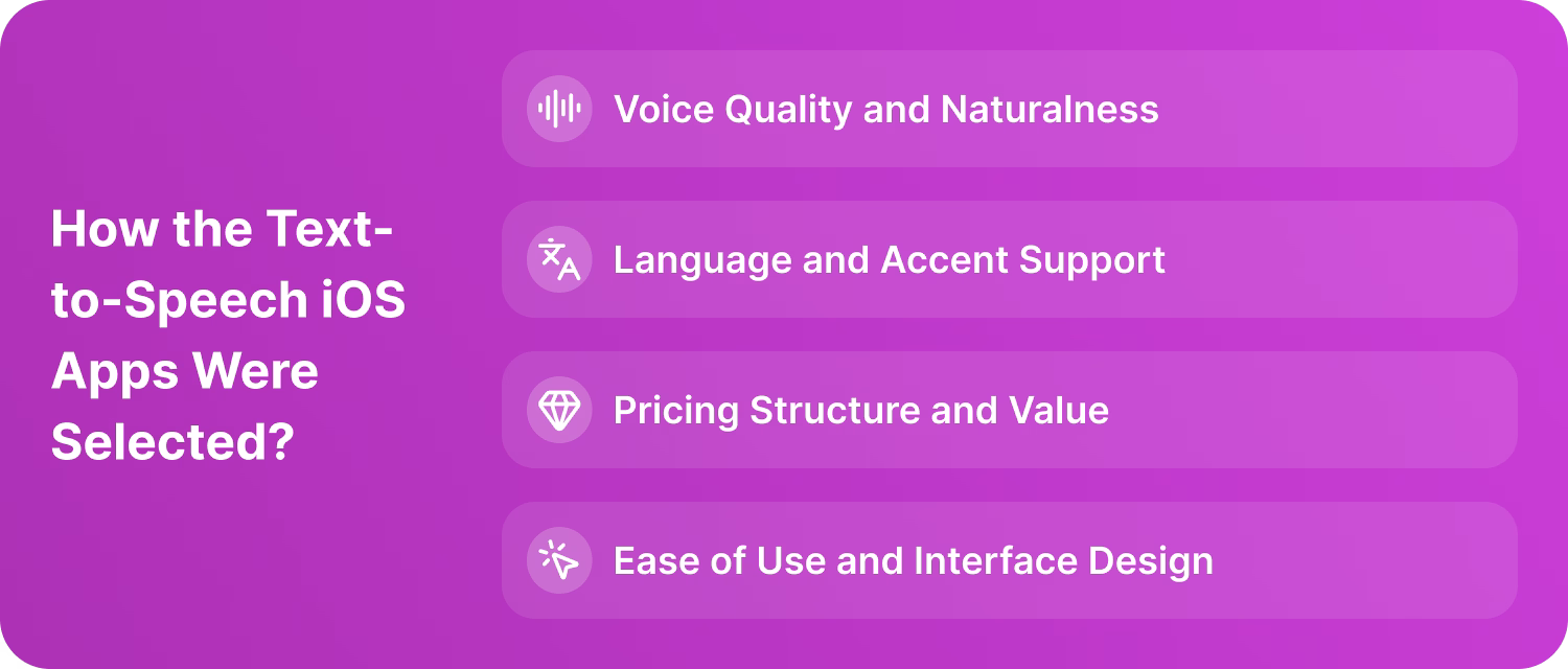 En iyi iOS metin okuma uygulaması seçim kriterleri, ses kalitesi, dil desteği, fiyatlandırma ve kullanım kolaylığı dahil.