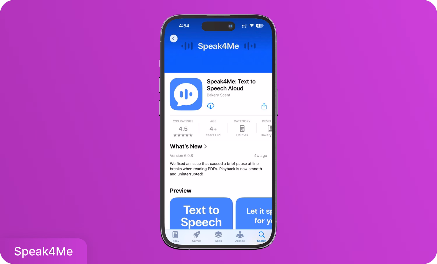 Mor bir arka planda Speak4Me metin okuma uygulaması arayüzünü gösteren cep telefonu
