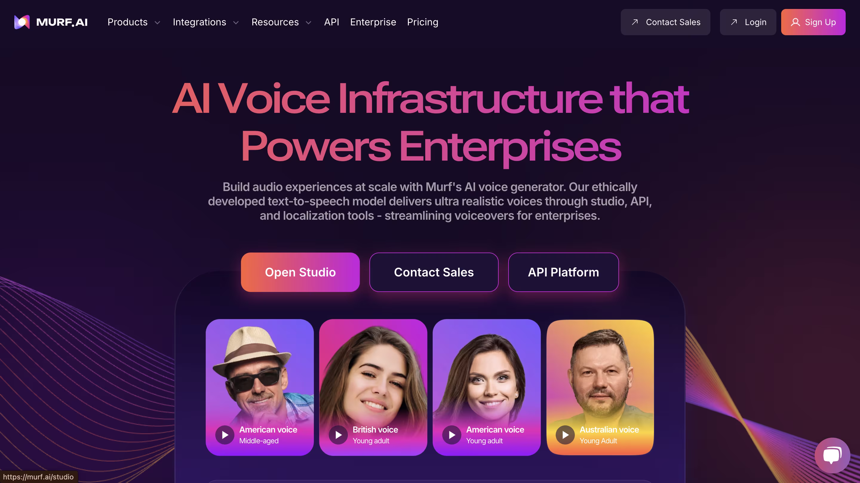 Murf.AI website showcasing their enterprise voice infrastructure with gradient design and profiles