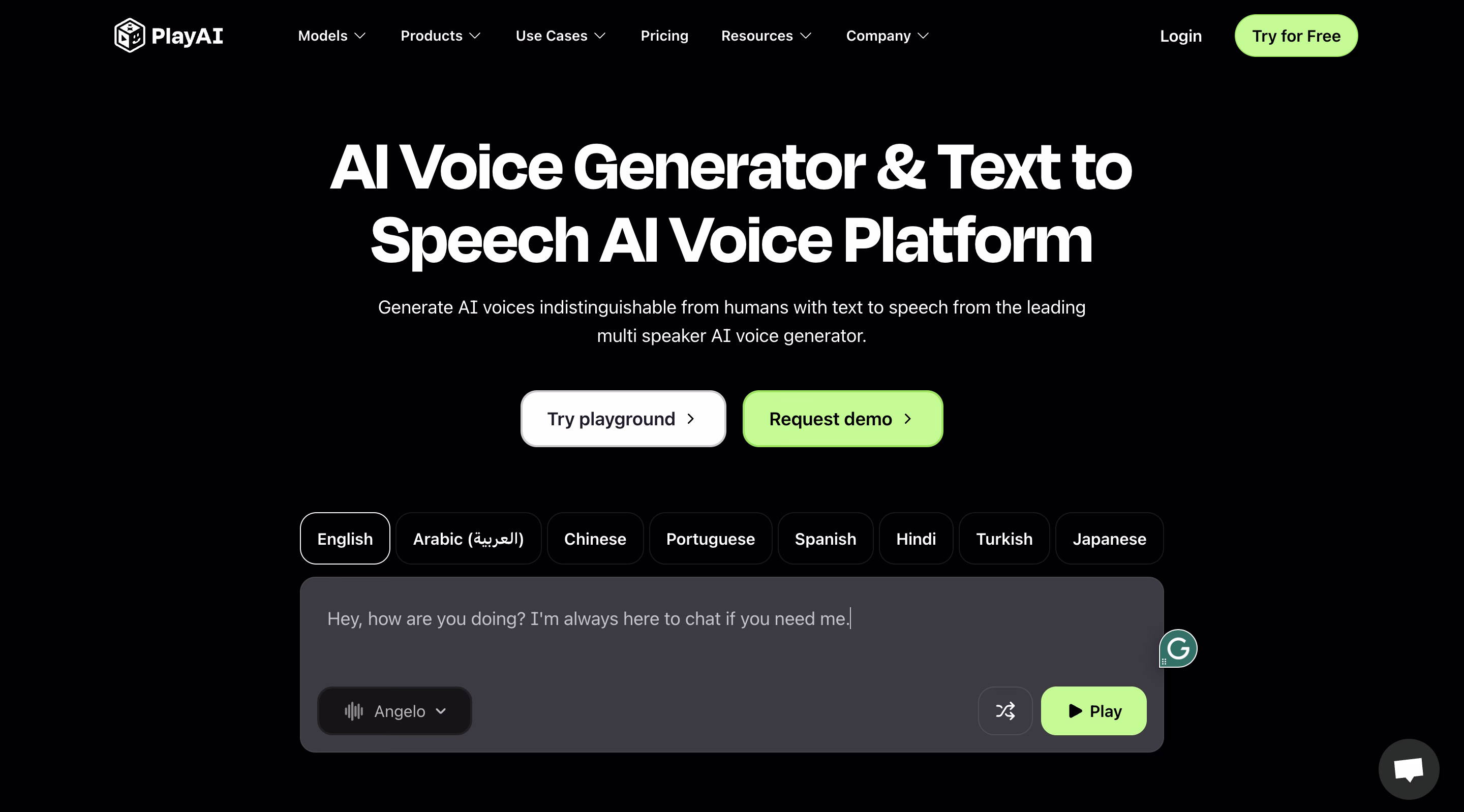 PlayAI voice generator platform showing text input area with language options and voice tools
