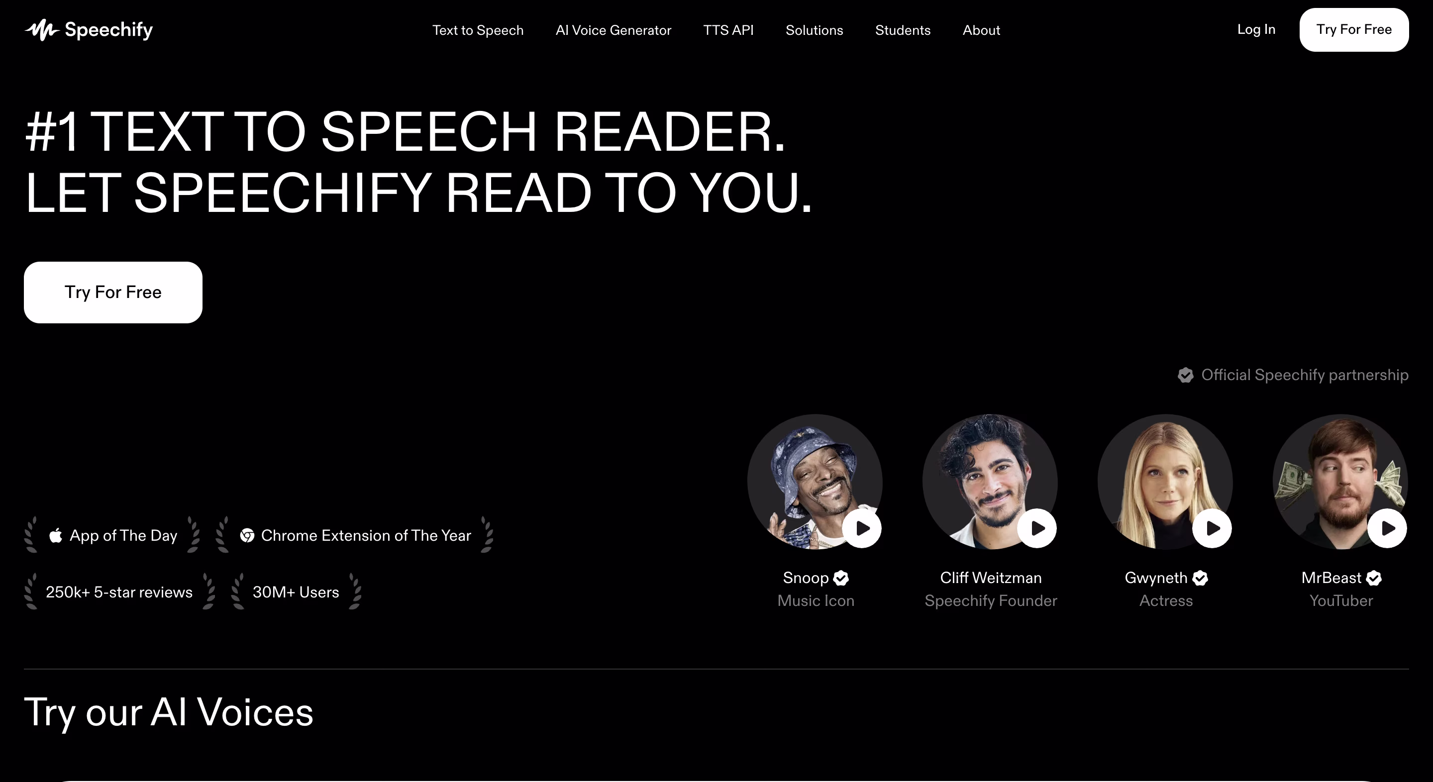 Speechify website with bold heading promoting their