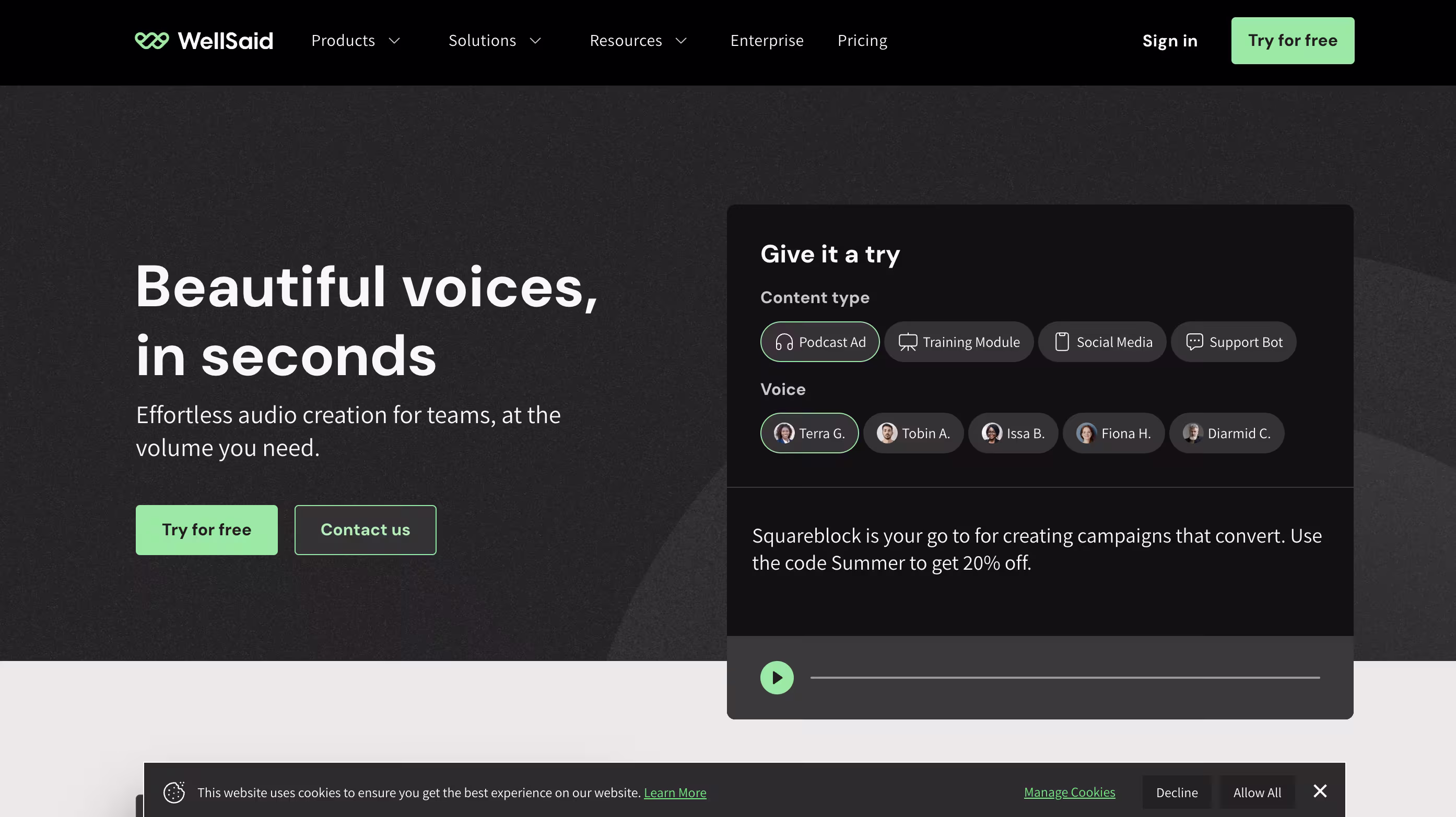 WellSaid Labs platform showing voice selection interface with multiple AI voice options