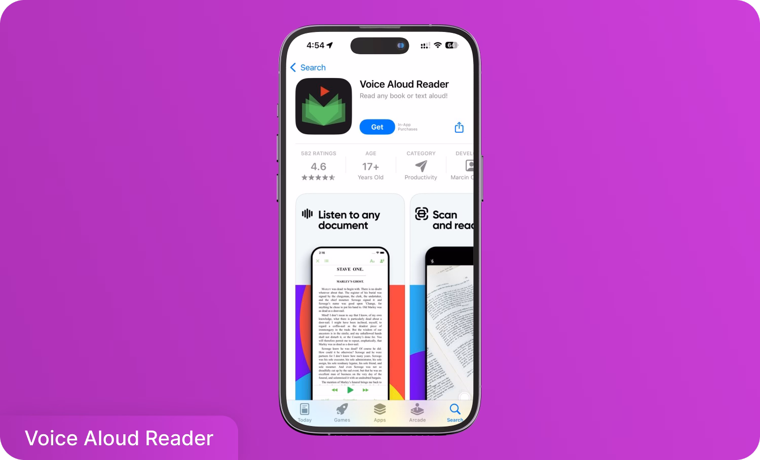 Mor bir arka plan üzerinde akıllı telefonda görüntülenen Voice Aloud Reader uygulaması.