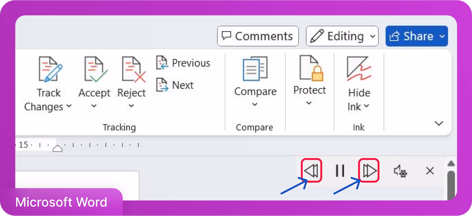 Microsoft Word-interface met Wijzigingen bijhouden en audiobediening.