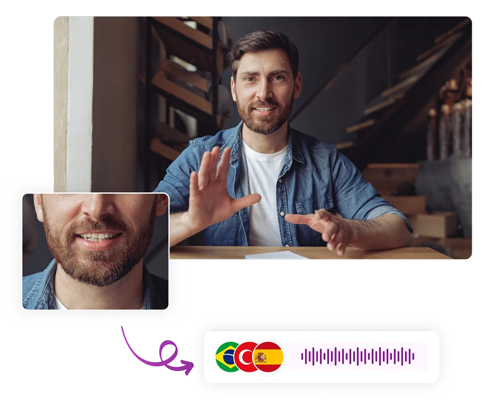 Image depicting lip synchronization technology with visual representation of mouth movements matching dubbed audio.