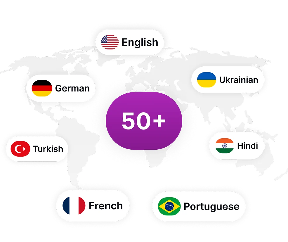 Image depicting a world map with icons representing the 50+ languages available for AI dubbing with Speaktor.