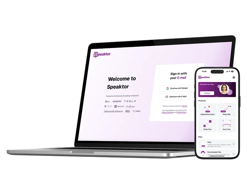 Image depicting the Speaktor app interface on both mobile and desktop screens, showing voice selection, language options, and video dubbing features.