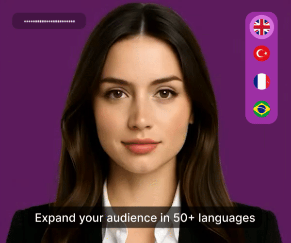Professional presenter with multilingual dubbing options in English, Turkish, French, and Portuguese demonstrating Speaktor's ability to expand audience reach across 50+ languages.