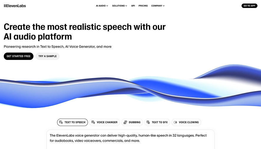 A screenshot of the ElevenLabs homepage showing it can create the most realistic speech with the AI audio platform.