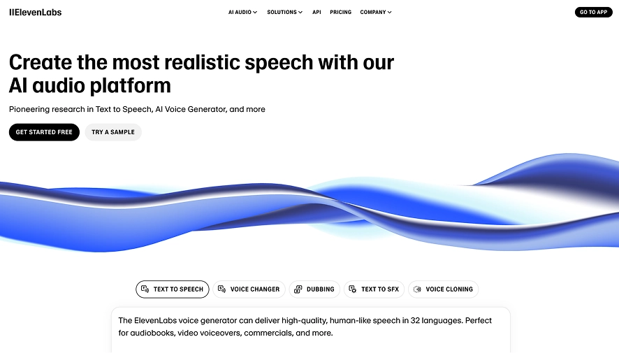 A screenshot of the ElevenLabs homepage showing that users can create the most realistic speech with the AI audio platform.