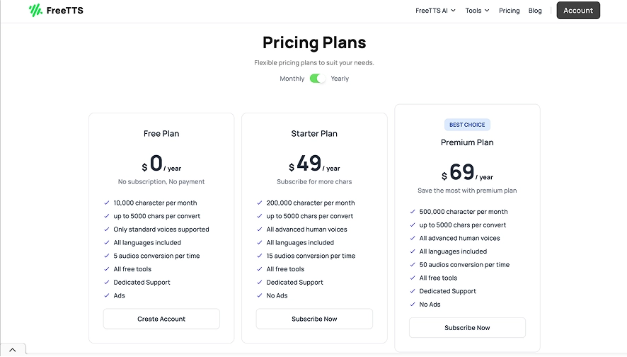 A screenshot of the FreeTTS pricing and plans showing flexible pricing plans to suit your needs.
