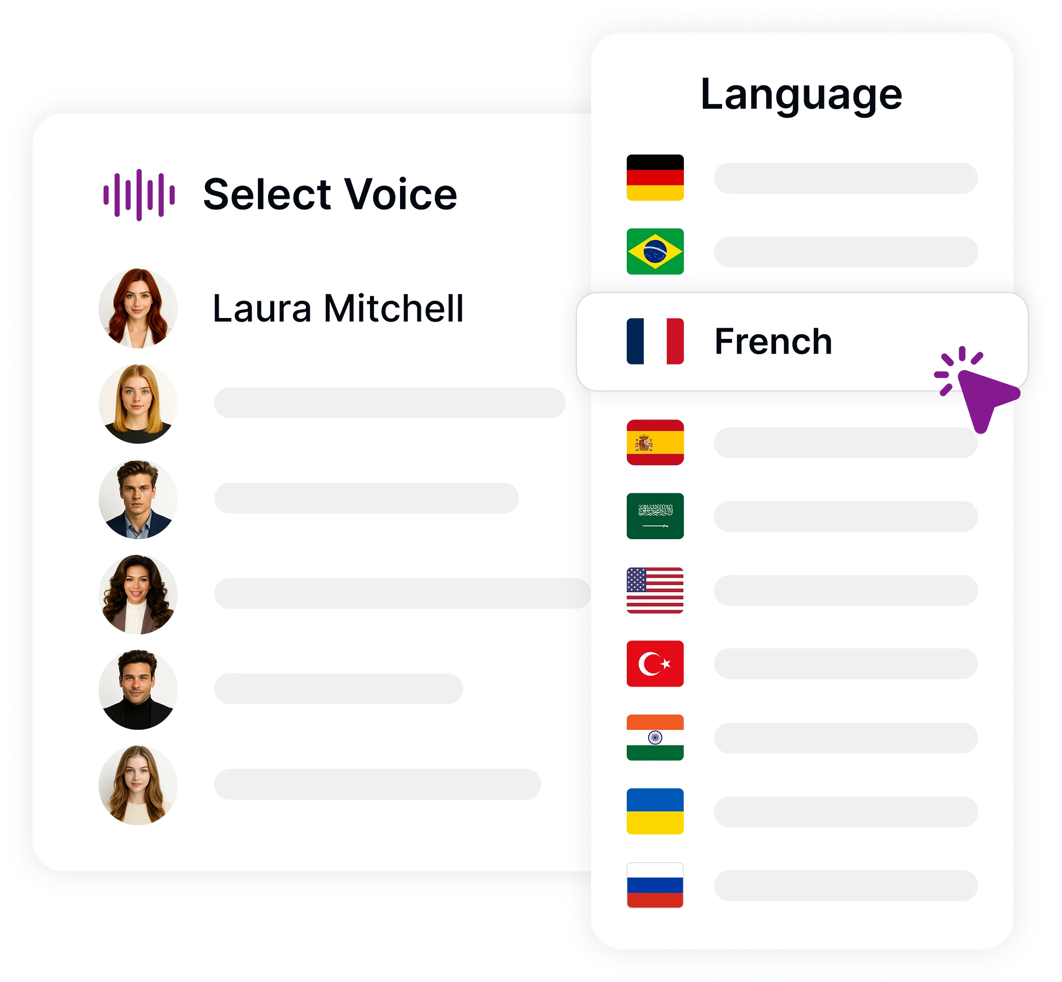 Choisissez votre voix, avec des options pour sélectionner différents narrateurs.