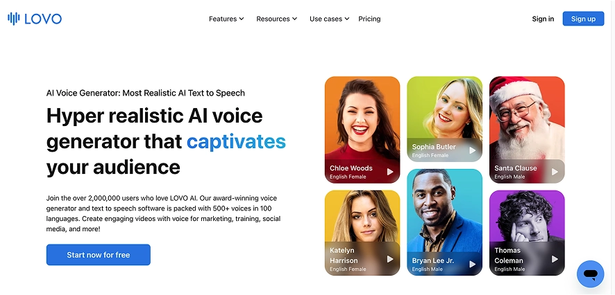 A screenshot of the LOVO AI homepage showing that it can create hyper-realistic AI voiceovers.