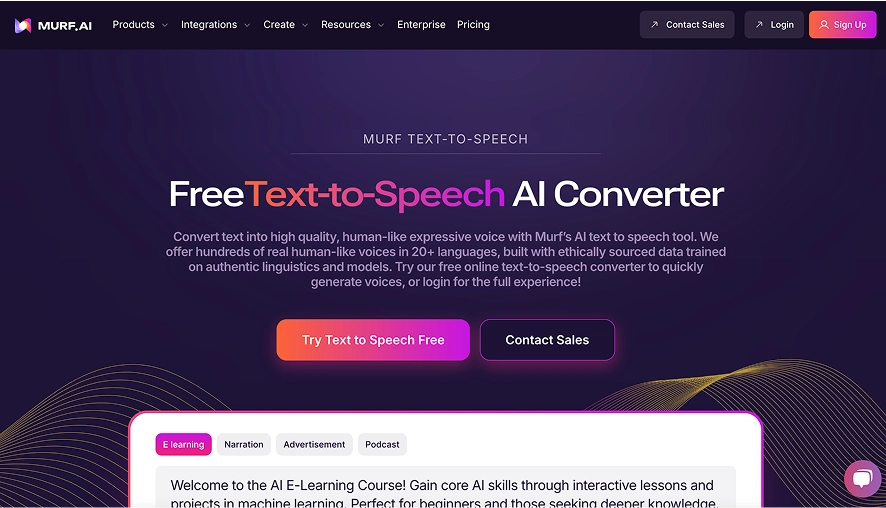 A screenshot of the Murf AI homepage showing that it is a free text-to-speech AI converter that supports 20+ languages. 