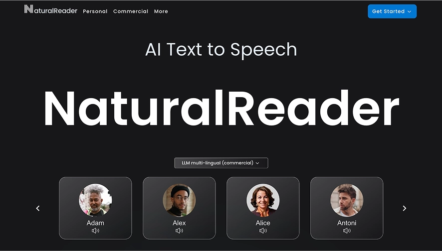 A screenshot of the NaturalReader homepage showing that it can convert AI text to speech.