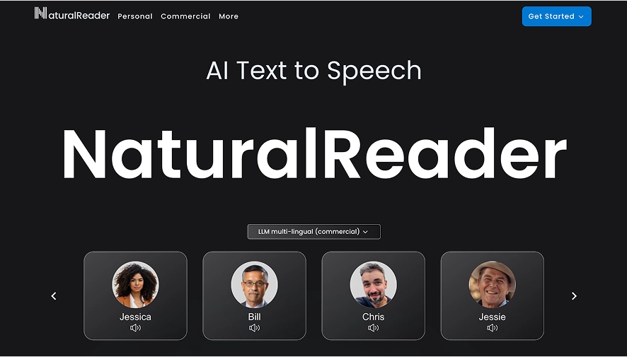 A screenshot of the NaturalReader homepage showing the different AI voices in the AI text to speech reader. 