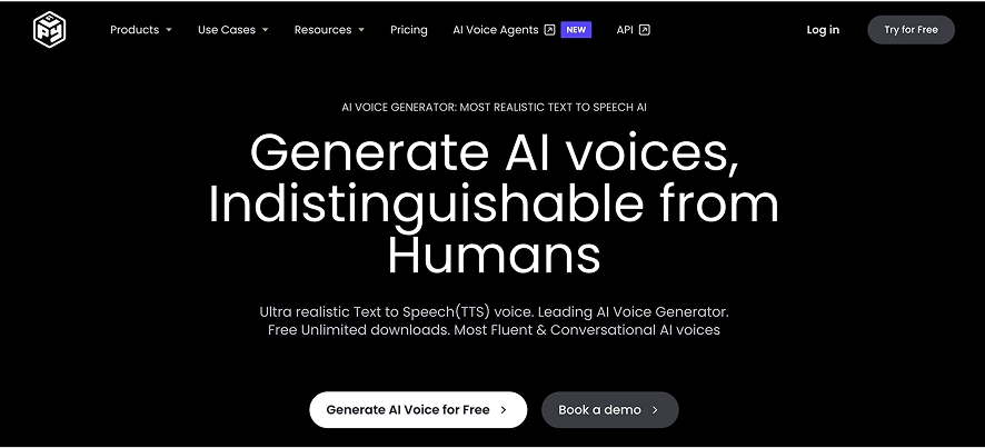 A screenshot of the PlayHT homepage showing it can generate AI voices indistinguishable from humans.