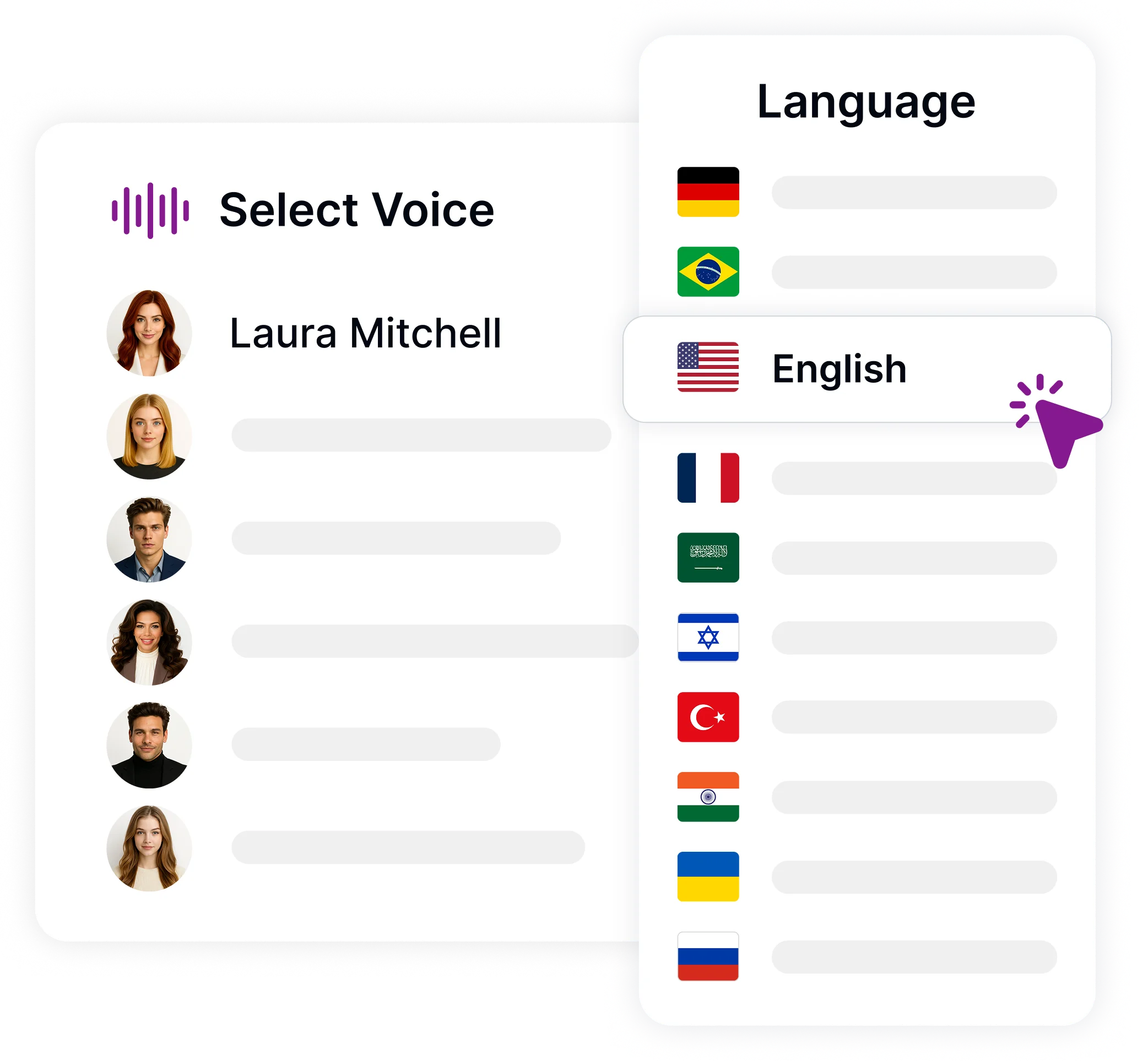 Wählen Sie Ihre Stimme mit Optionen zur Auswahl verschiedener Sprecher.