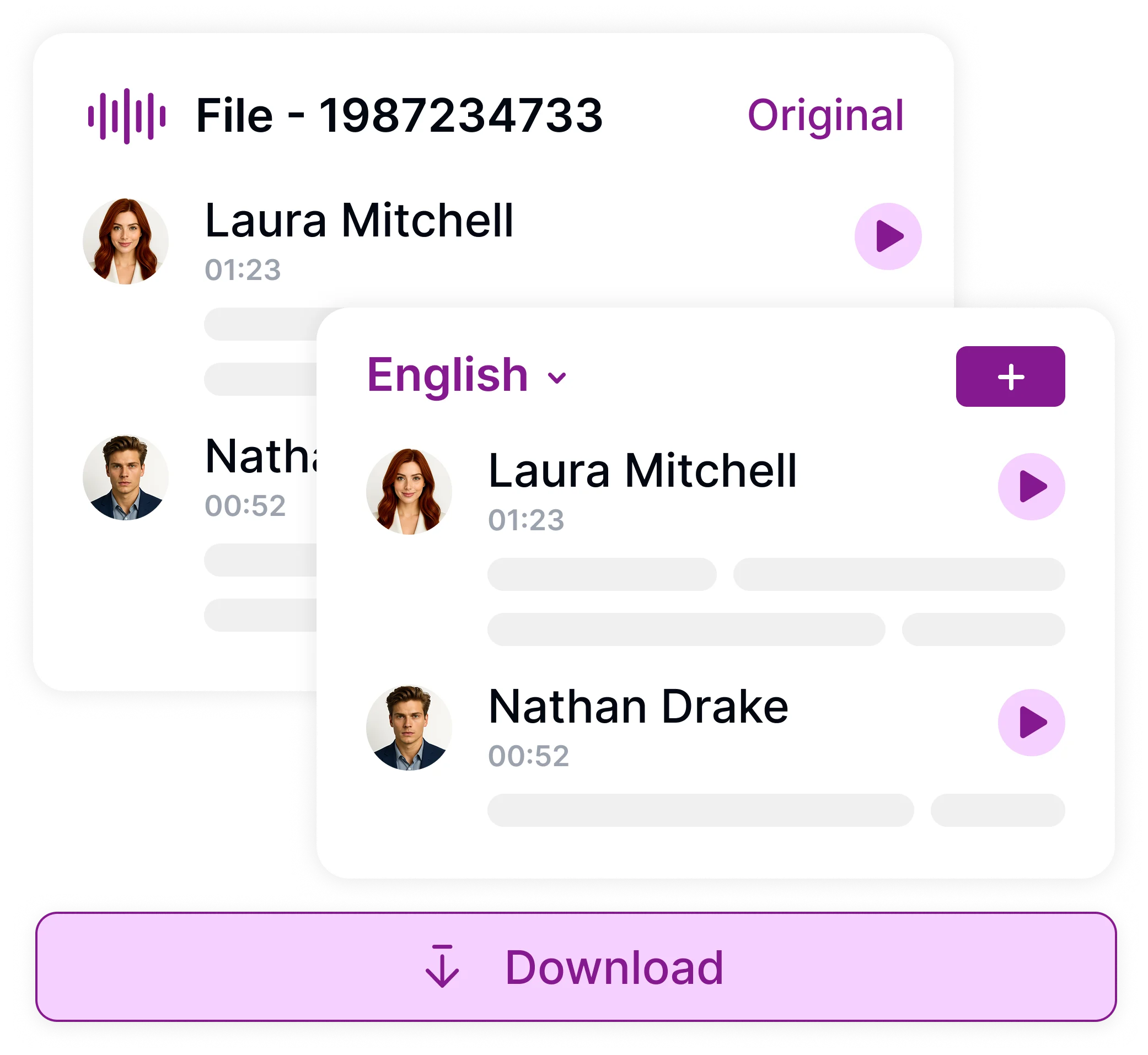 Übersetzen oder herunterladen, mit Übersetzungs- und Audio-Download-Optionen.