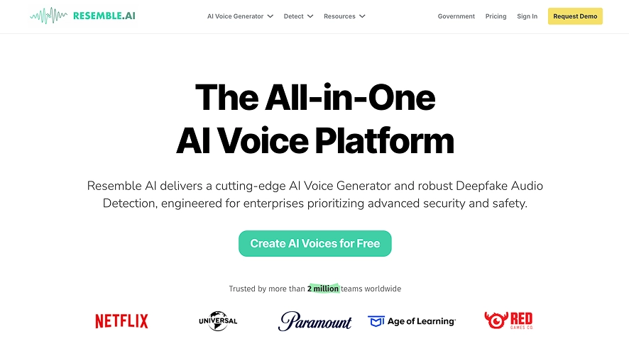 A screenshot of the Resemble AI homepage showing that it is an all-in-one AI voice platform.