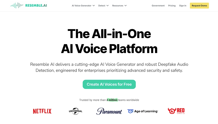A screenshot of the Resemble AI homepage showing that it is the all in one AI voice platform for creating voiceovers.
