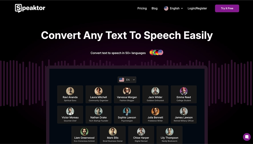 A screenshot of the Speaktor homepage showing it can convert any text to speech easily. 