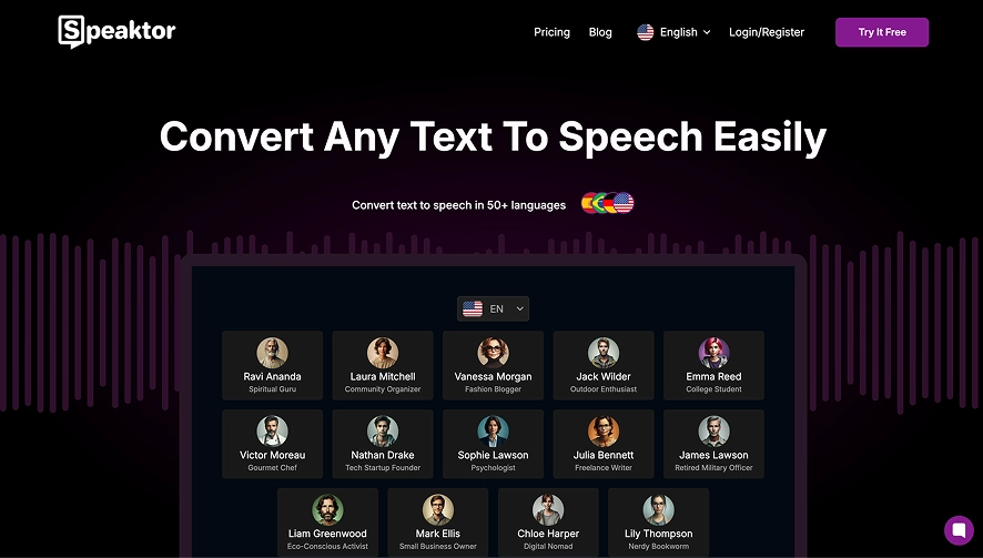 A screenshot of the Speaktor homepage showing that it can create a realistic voiceover from text in 50+ languages.