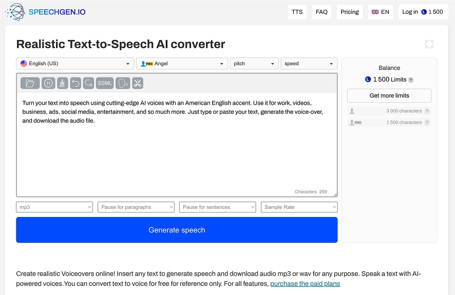 A screenshot of the SpeechGen homepage showing the dashboard to paste the text and generate the voiceovers.