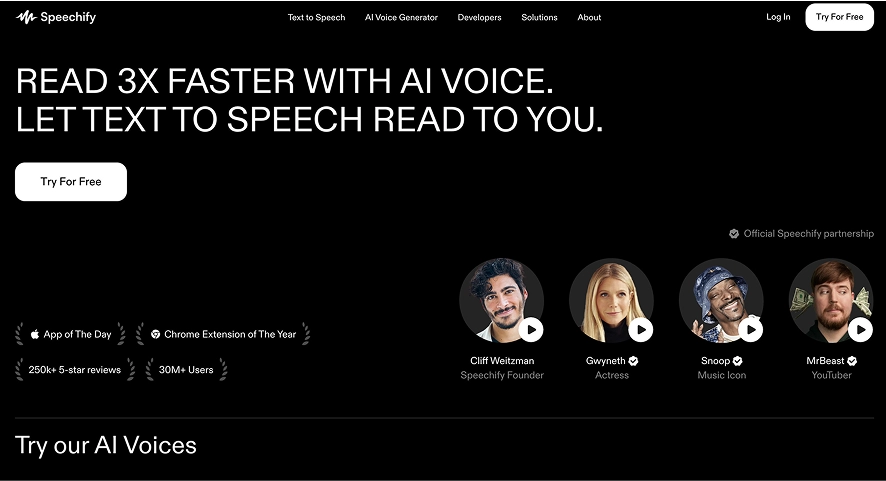 A screenshot of the Speechify homepage showing that you can read three times faster with the AI voice. 