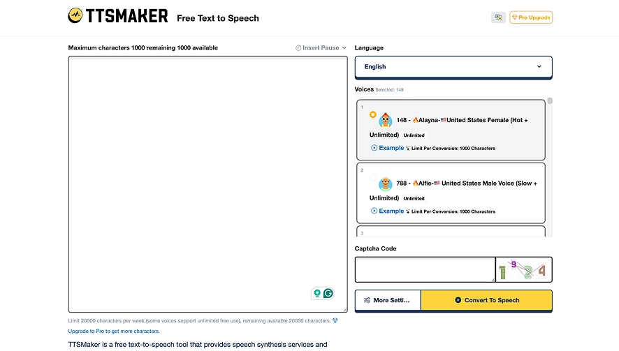 A screenshot of the TTSMaker homepage showing that it can convert text to speech for free. 