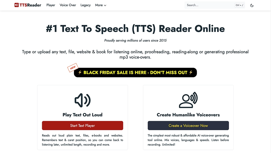 A screenshot of the TTSReader homepage showing that it can create text-to-speech online.