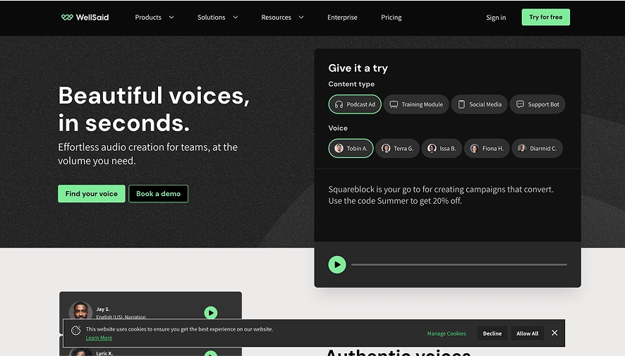 A screenshot of the WellSaid Labs homepage showing that it can create beautiful voices in seconds. 