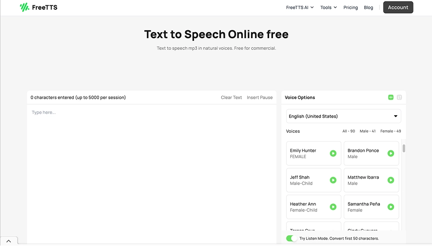 A screenshot of the FreeTTS homepage showing the text-to-speech feature and different voice options.