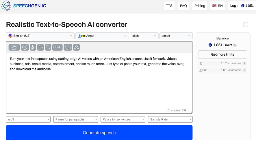 A screenshot of the SpeechGen homepage showing that it is a realistic text-to-speech AI converter.