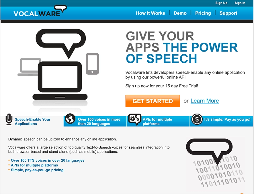 A screenshot of the Vocalware homepage showing that the tool can give your apps the power of speech.